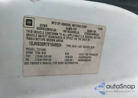 1999 GMC Savana Standard z USA, uszkodzony, nr VIN 1GJHG35R7X1046624